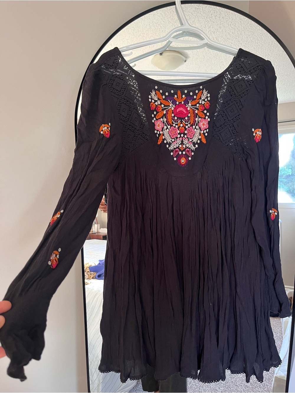 Free People Black Embroidered Long-Sleeve Backless Dress